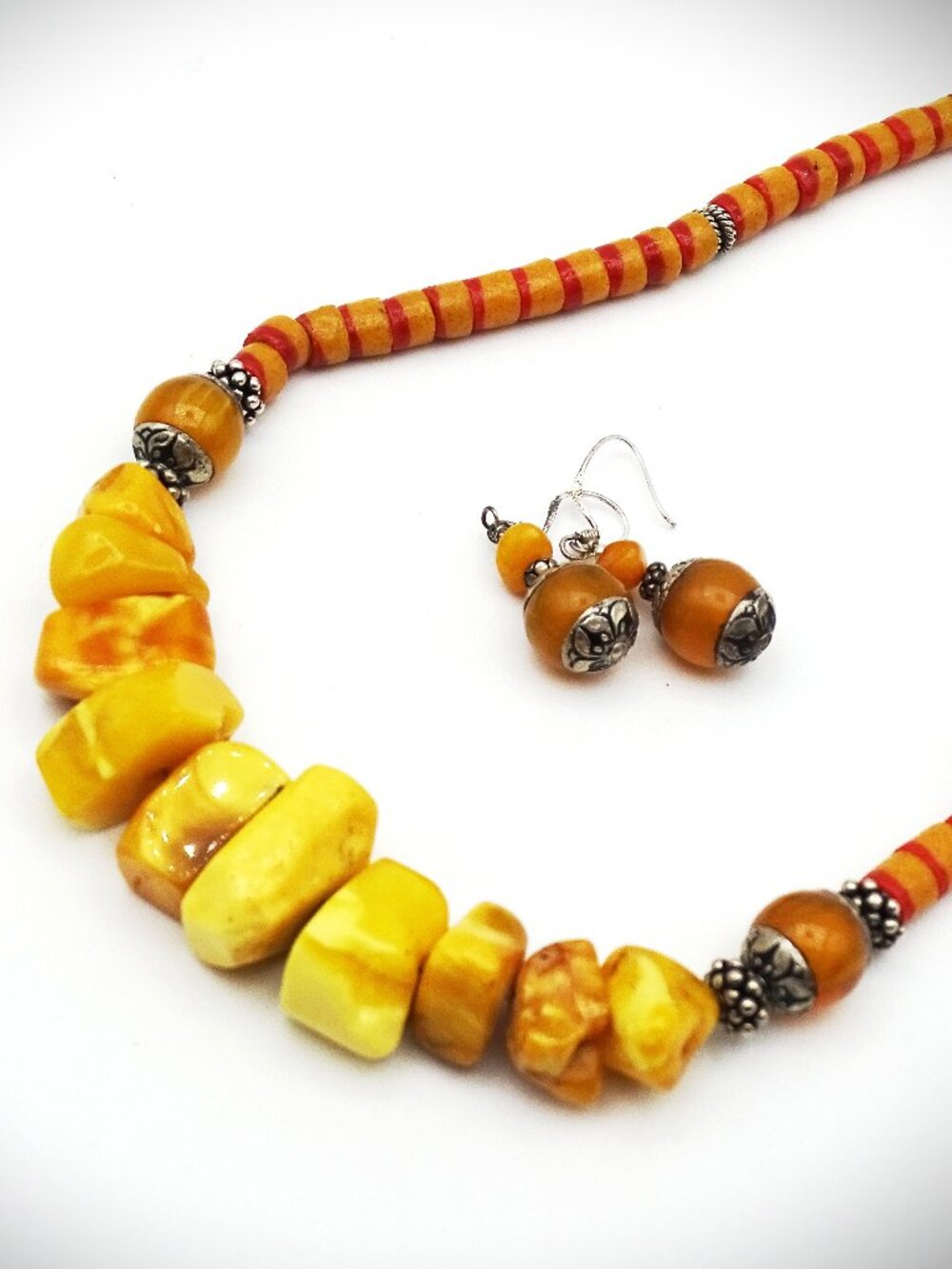 VINTAGE Sterling Silver Genuine Amber African Beads Necklace & Earrings Set